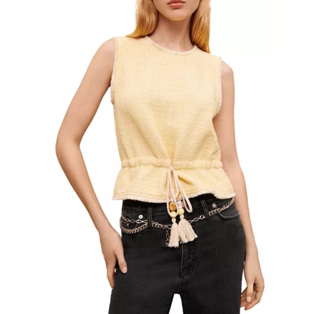 Maje Women's Top Lillo Tweed Drawstring  Yellow FR3 US Lrg Tweed Top Sleeveless